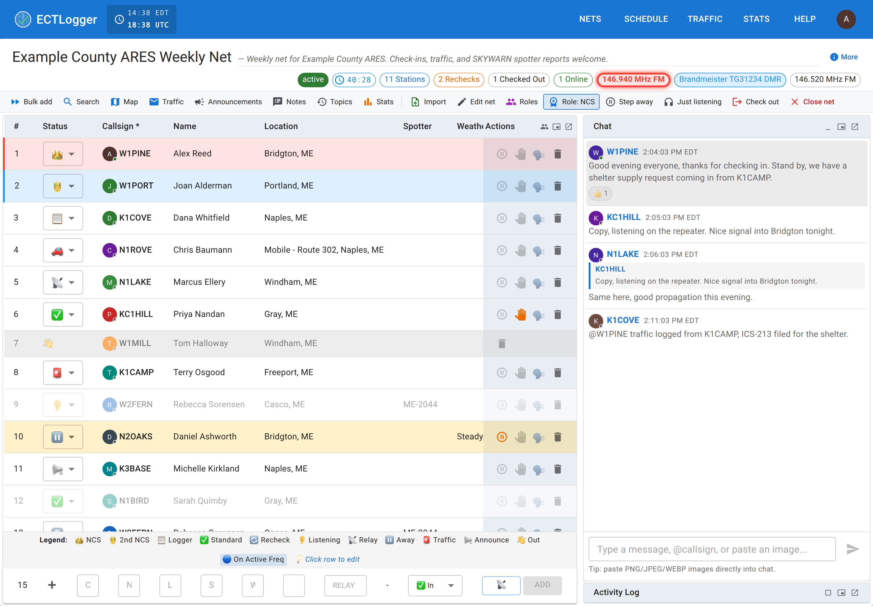 A live net in ECTLogger: eleven stations in the check-in list with their statuses and locations, frequency chips across the top of the table, and the chat panel beside it.