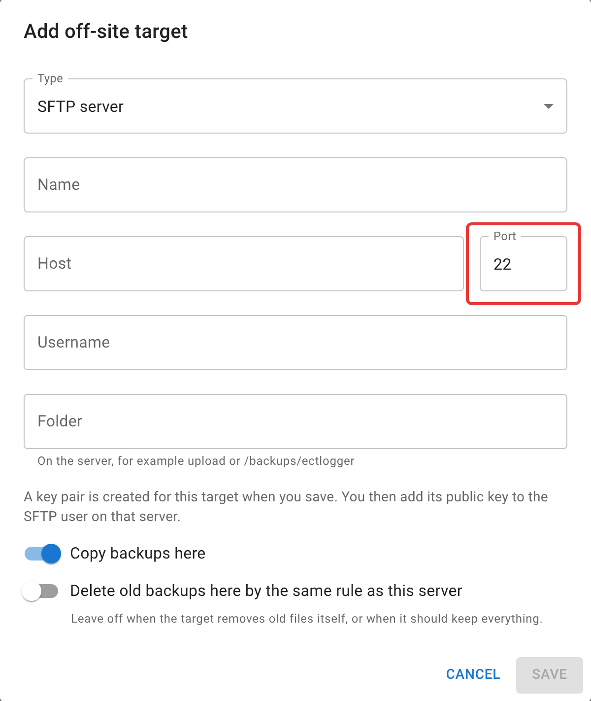 The Add off-site target dialog, with Type set to SFTP server, and empty Name, Host, Username, and Folder fields. The Port field, already filled in with 22, is outlined in red. Two switches follow, Copy backups here (on) and Delete old backups here by the same rule as this server (off), then Cancel and Save.