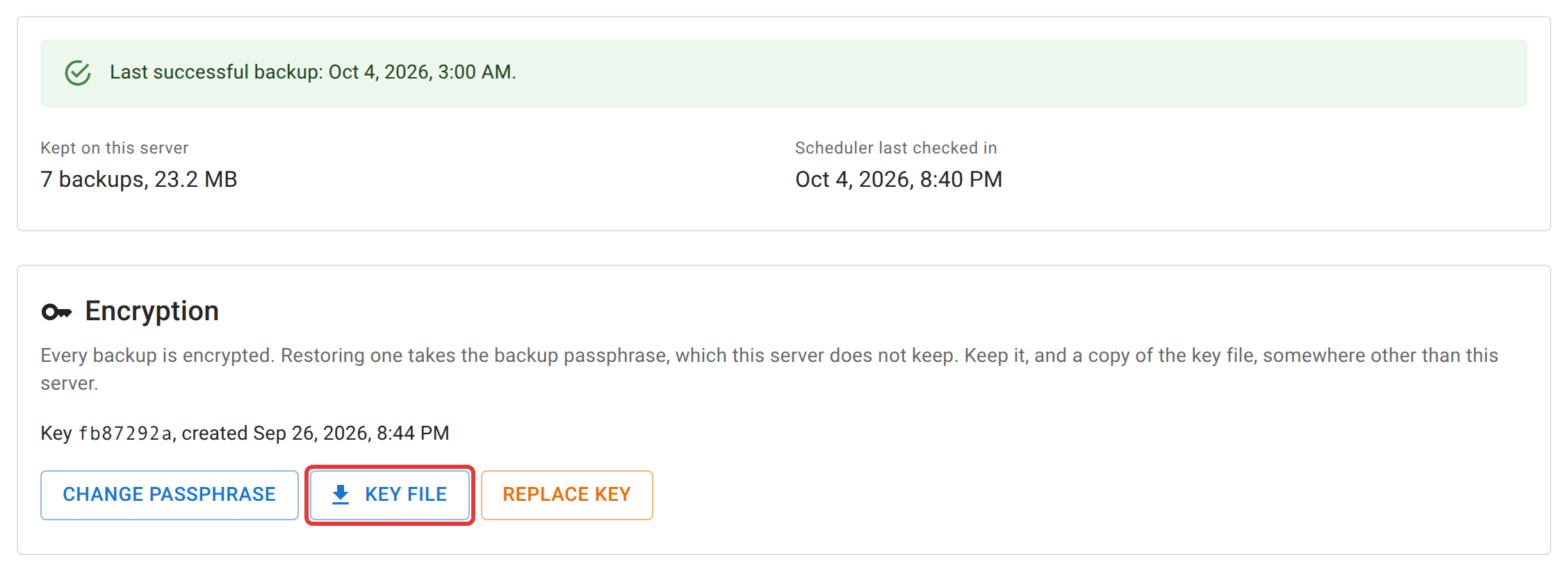 The top of the Backups tab. A green status line reads "Last successful backup" with a date, above how many backups are kept on this server and when the scheduler last checked in. Below it, the Encryption card names the key by its ID and creation date, with Change passphrase, Key file (outlined in red), and Replace key buttons.