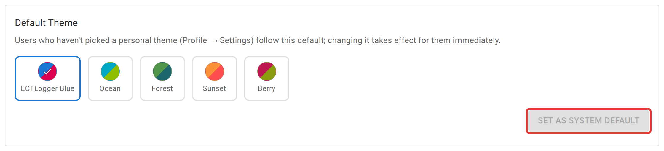 The Default Theme card on the Branding tab, with five named color swatches (ECTLogger Blue, currently selected and ticked, then Ocean, Forest, Sunset, and Berry) and a "Set as System Default" button outlined in red, greyed out because the selected swatch is already the default.