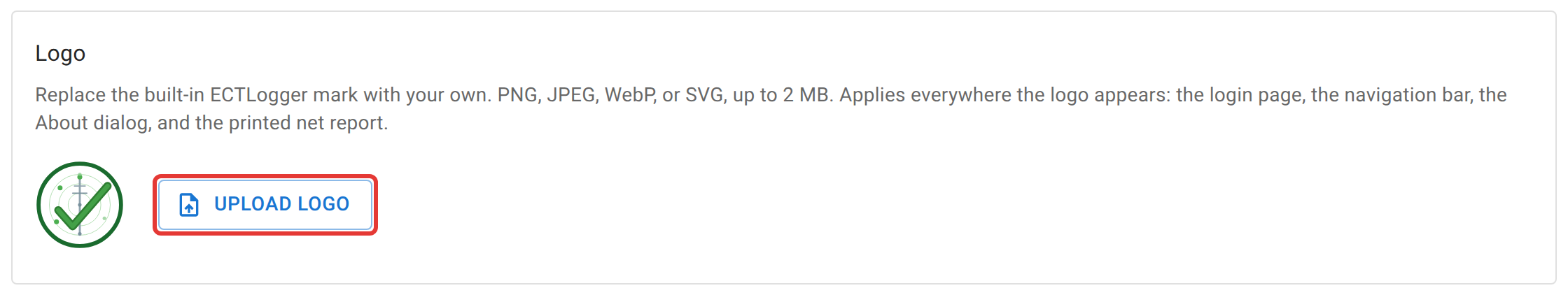 The Logo card on the Branding tab, with the current mark and an "Upload Logo" button outlined in red.