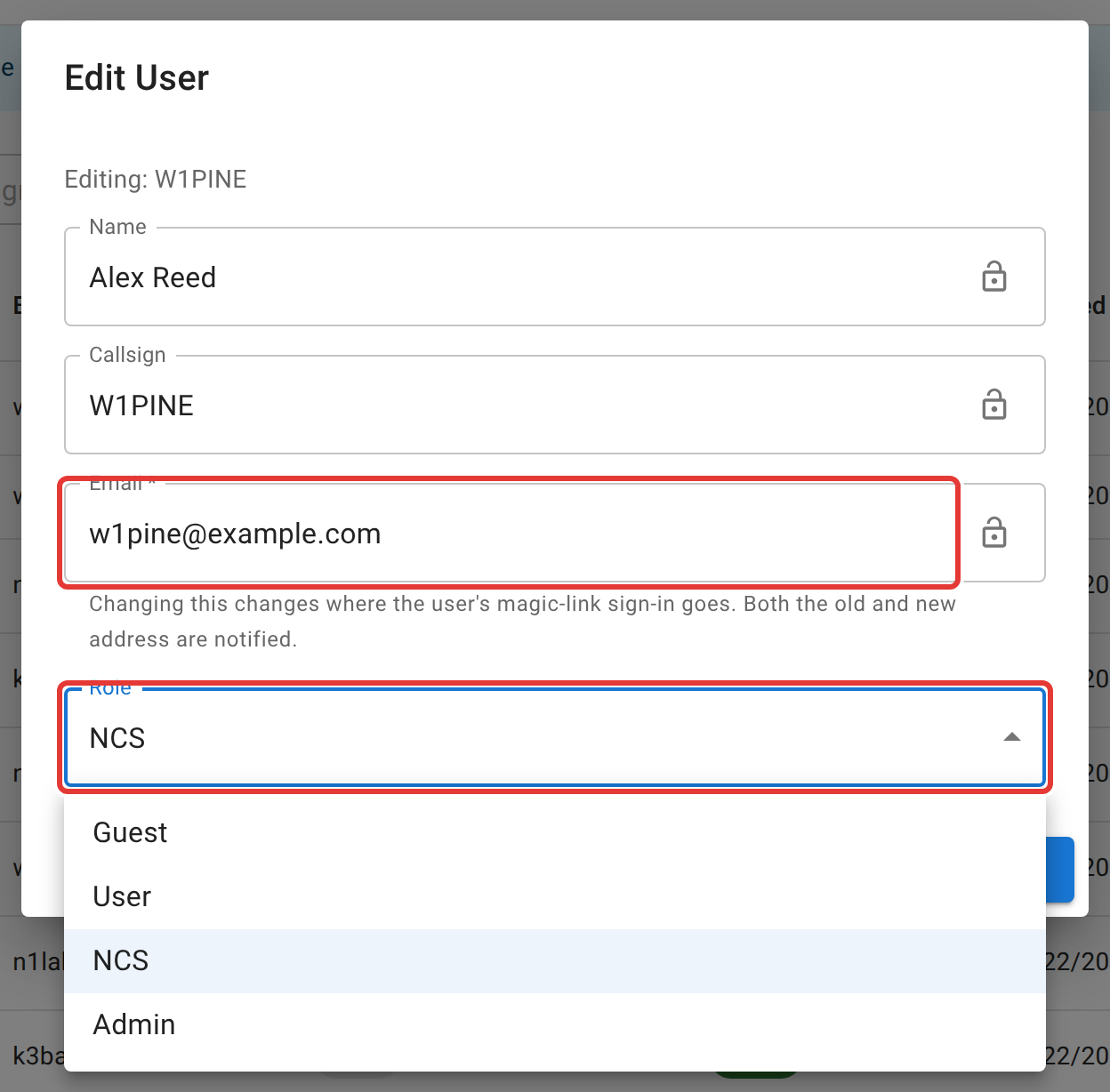 The Edit User dialog, open for W1PINE, with the Name, Callsign, and Email fields (each with its own padlock icon) above an open Role picker outlined in red, offering Guest, User, NCS, and Admin.