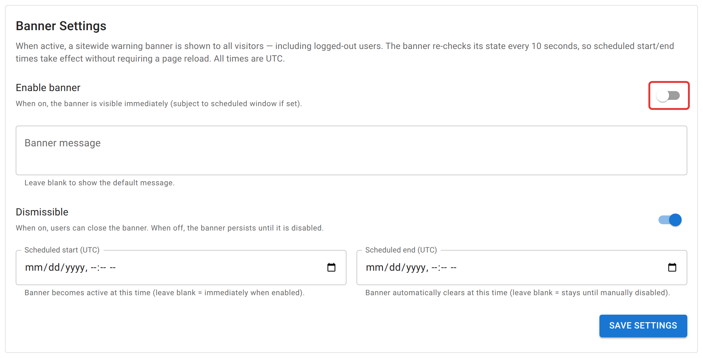 The Banner Settings card on the Maintenance tab, with the "Enable banner" switch outlined in red, above the message field and the optional scheduled start/end times.