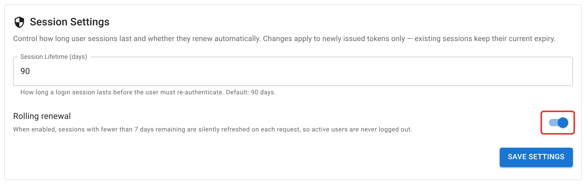 The Session Settings card on the Security tab, showing the session lifetime field in days and the "Rolling renewal" switch outlined in red.
