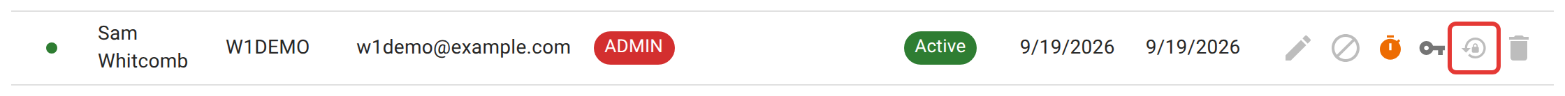 The admin's own row in the Users table, with the two-factor reset icon outlined in red and greyed out because it is disabled.