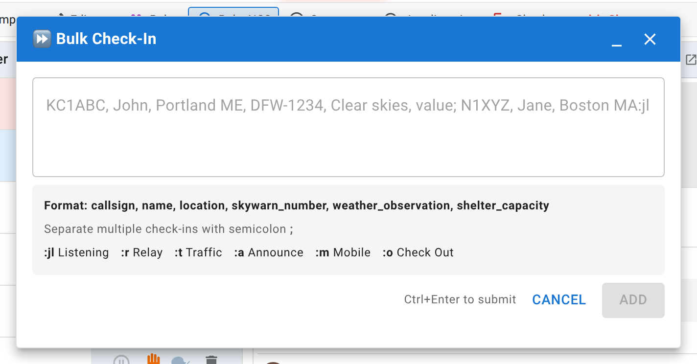 The Bulk Check-In window: a single multi-line text box for entering several check-ins at once, with a live "Format:" line showing the exact field order this net expects.