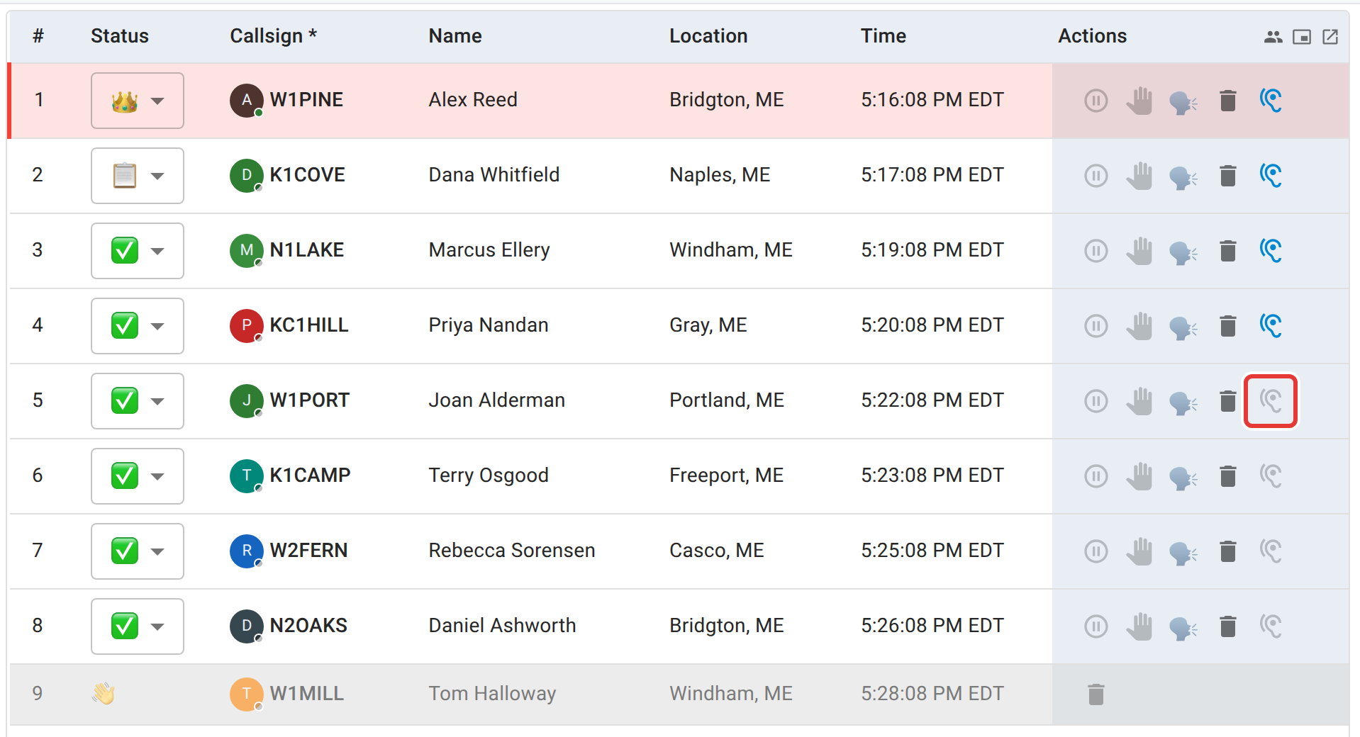 The check-in list of a simplex drill. Each row ends in an ear icon, shown solid blue for stations that already have a report and faded for those that don't. W1PORT's faded ear icon is outlined in red.