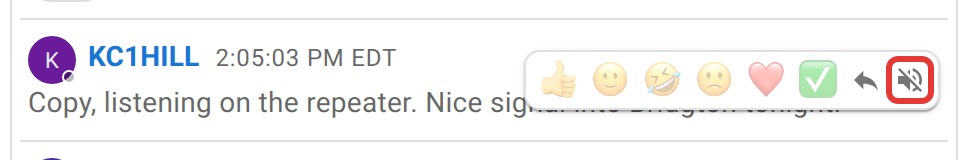 A chat message from KC1HILL with a hover toolbar showing reaction, reply, and mute icons; the mute icon is outlined in red.