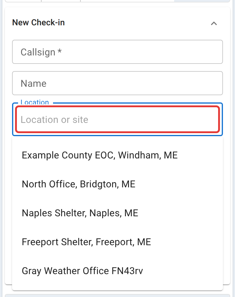 The New Check-in form on a phone, with its Location box outlined in red and open on a list of the net's sites: Example County EOC, Windham, ME; North Office, Bridgton, ME; Naples Shelter, Naples, ME; Freeport Shelter, Freeport, ME; and Gray Weather Office FN43rv.