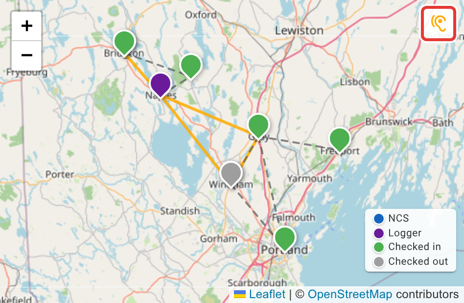 The live check-in map of the simplex drill with the coverage overlay on, its ear button outlined in red at the top right. Solid amber lines join stations that heard each other; dashed grey lines show a station heard in one direction only.