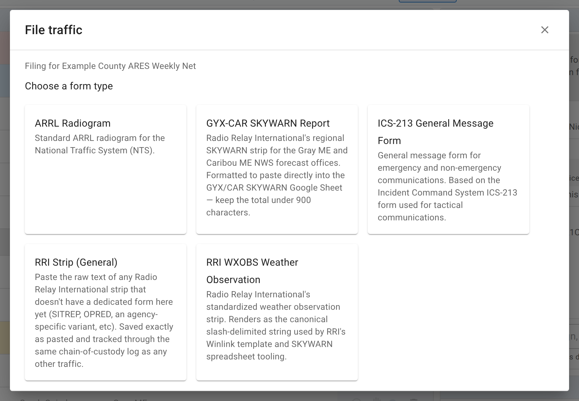 The File traffic dialog's form-type picker, showing cards for the message types this net has enabled.