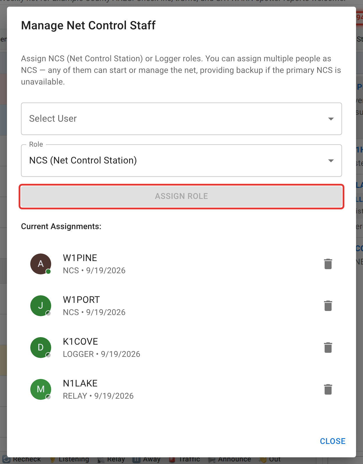 The Manage Net Control Staff dialog: a Select User picker, a Role picker set to NCS (Net Control Station), the Assign Role button outlined in red, and a Current Assignments list naming W1PINE and W1PORT as NCS, K1COVE as Logger, and N1LAKE as Relay, each with its own remove control.