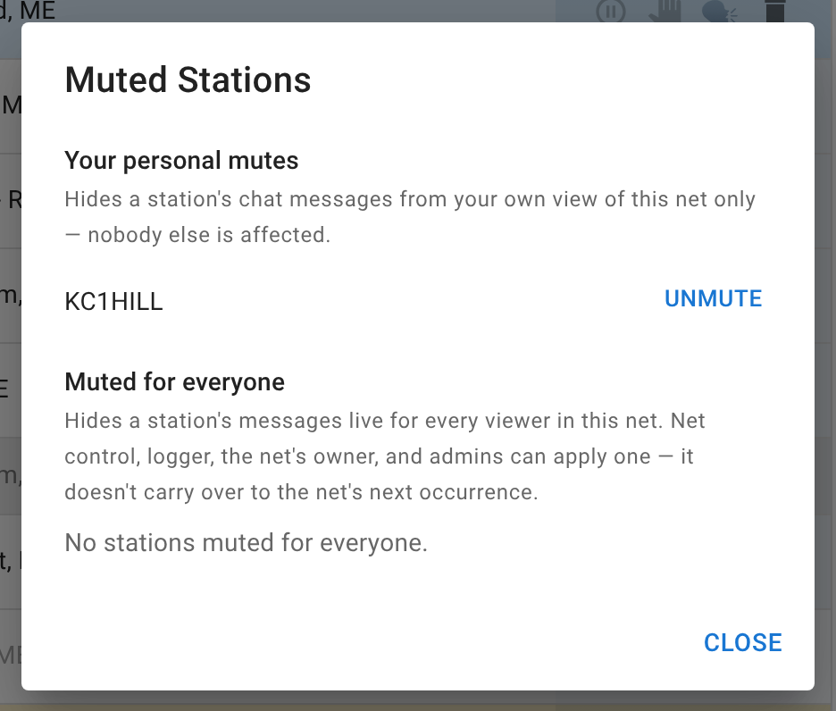 The Muted Stations dialog, listing KC1HILL under "Your personal mutes" with an Unmute link, above a separate "Muted for everyone" section reading "No stations muted for everyone."
