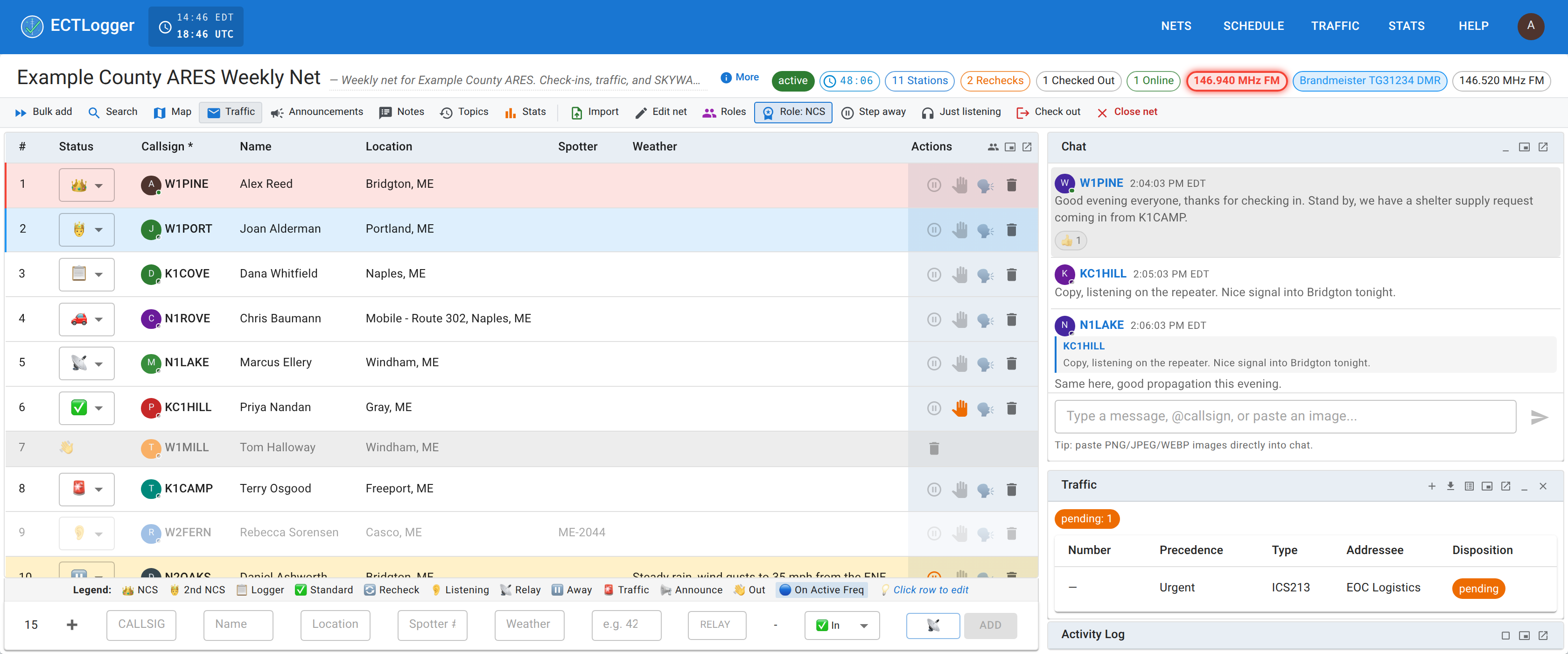 The Traffic panel docked below Chat beside the check-in list, showing a "pending: 1" summary chip above a table of one urgent ICS-213 addressed to EOC Logistics.