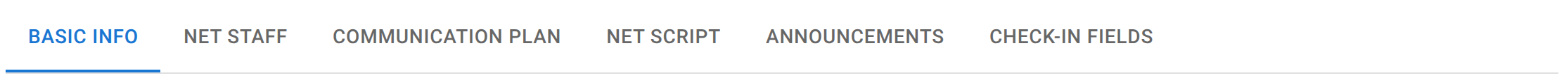 The Edit Net tab bar: Basic Info, Net Staff, Communication Plan, Net Script, Announcements, and Check-In Fields.