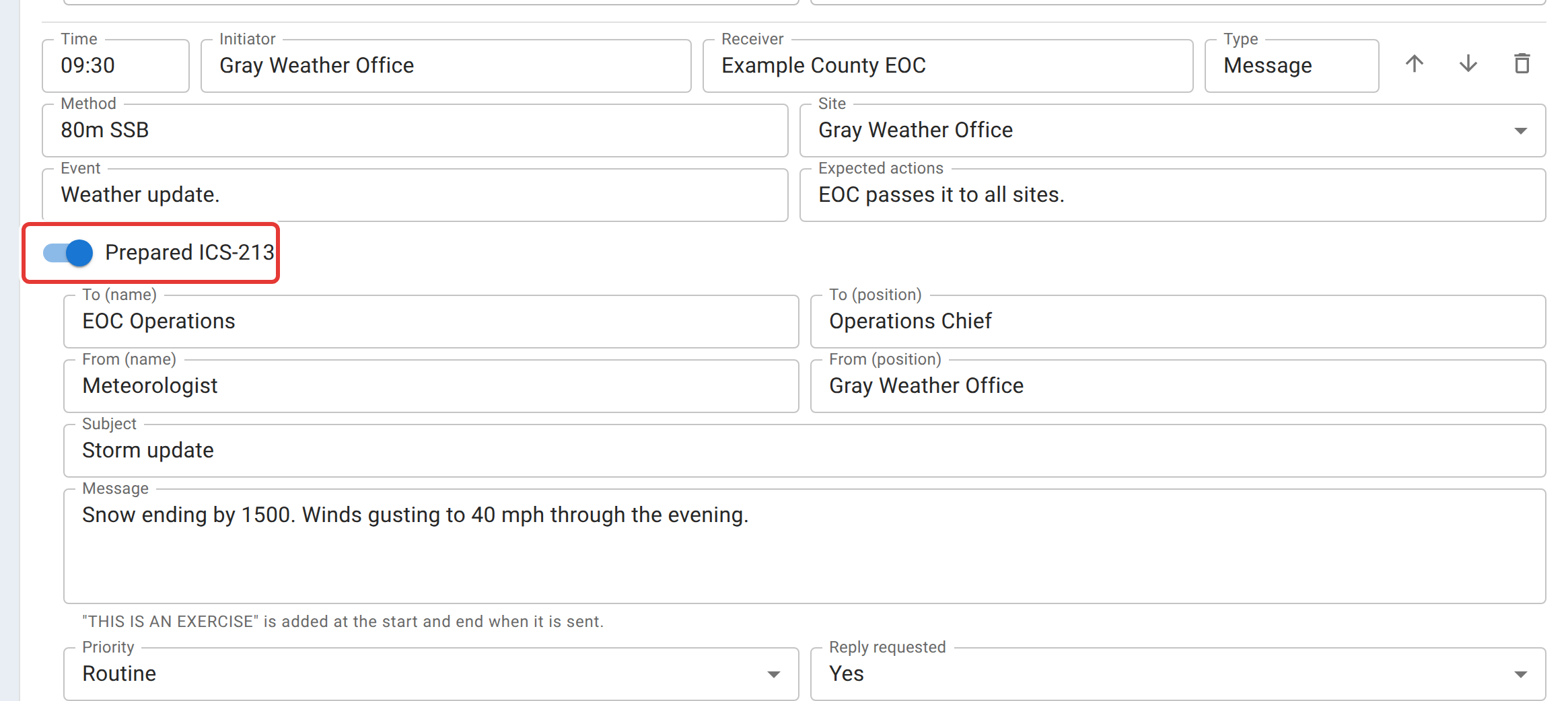 One row of the schedule of events in the drill plan editor: at 09:30 the Gray Weather Office sends a message to the Example County EOC on 80m SSB, with the Gray Weather Office chosen as its site. The Prepared ICS-213 switch, outlined in red, is on, and below it are the message's To and From names and positions, the subject Storm update, the message text, Priority Routine and Reply requested Yes.