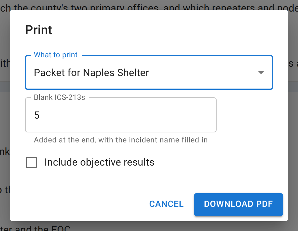 The Print dialog on the drill plan page. What to print is set to Packet for Naples Shelter. Blank ICS-213s is 5, with the note that they are added at the end with the incident name filled in, and Include objective results is unticked.