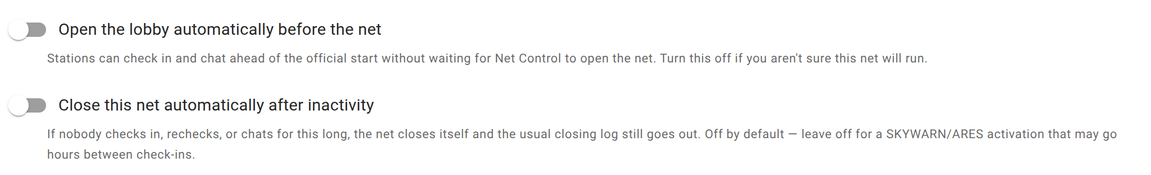 Two switches on the Edit Net Basic Info tab, both off: 'Open the lobby automatically before the net' and 'Close this net automatically after inactivity,' each with an explanatory line beneath it.