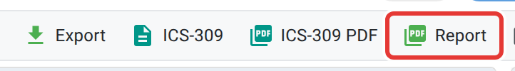 Four toolbar buttons on a closed net: Export, ICS-309, ICS-309 PDF, and Report, with Report outlined in red.