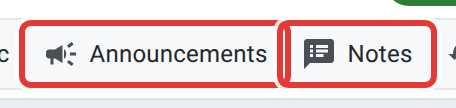 Two adjacent toolbar buttons, both outlined in red: Announcements, which opens the schedule's standing weekly announcements, and Notes, which opens this one net's own notes.