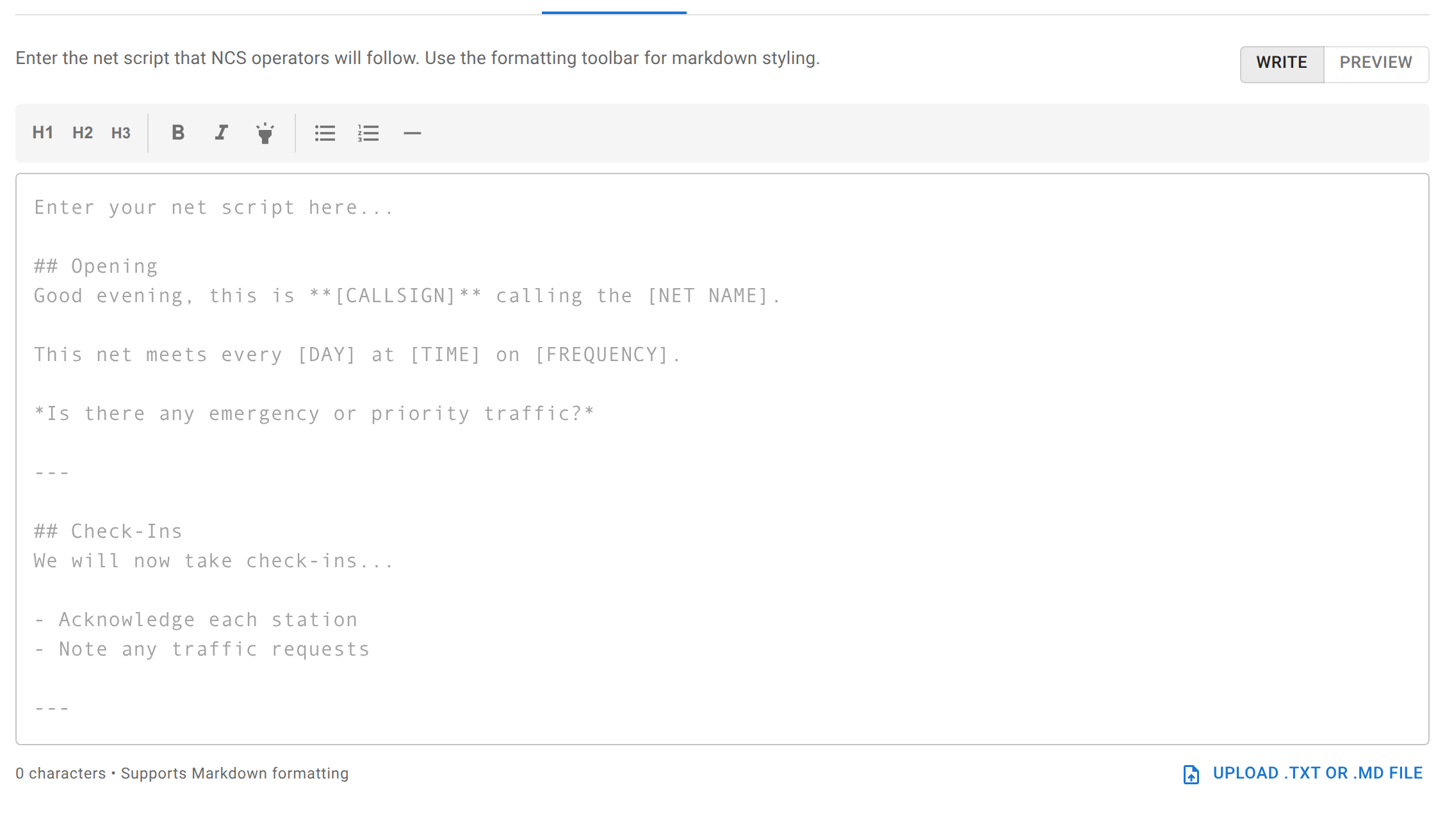 The Net Script tab: a markdown formatting toolbar (headings, bold, italic, highlight, lists, horizontal rule) above an empty script editor showing example placeholder text for an opening, check-ins, and a closing.