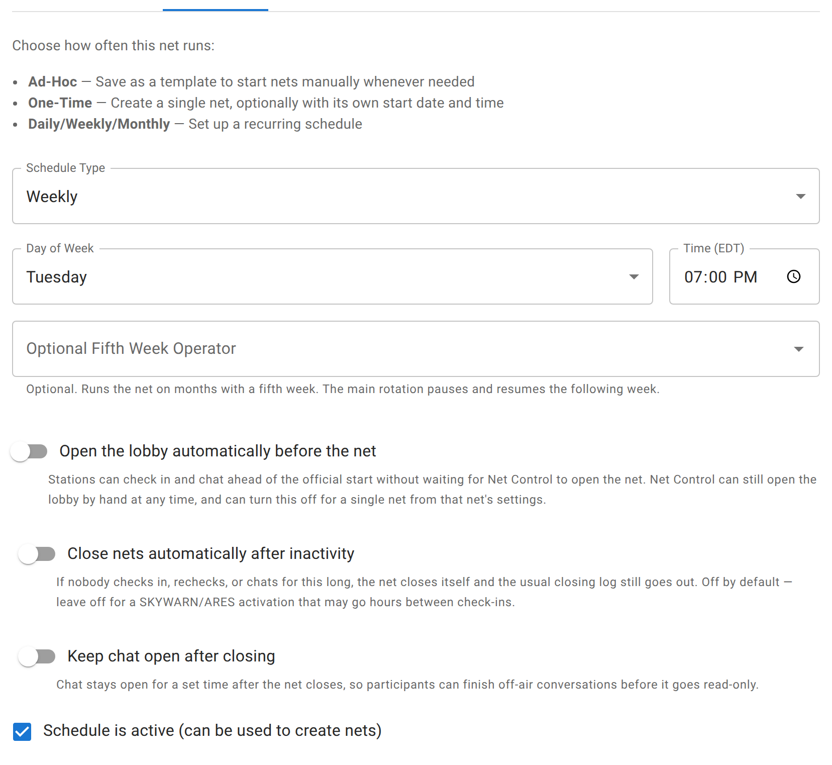 The Schedule tab of Edit Schedule, showing schedule type set to Weekly, a day-of-week and time picker, an optional fifth-week operator field, and the auto-lobby, auto-close, and keep-chat-open toggles below it.