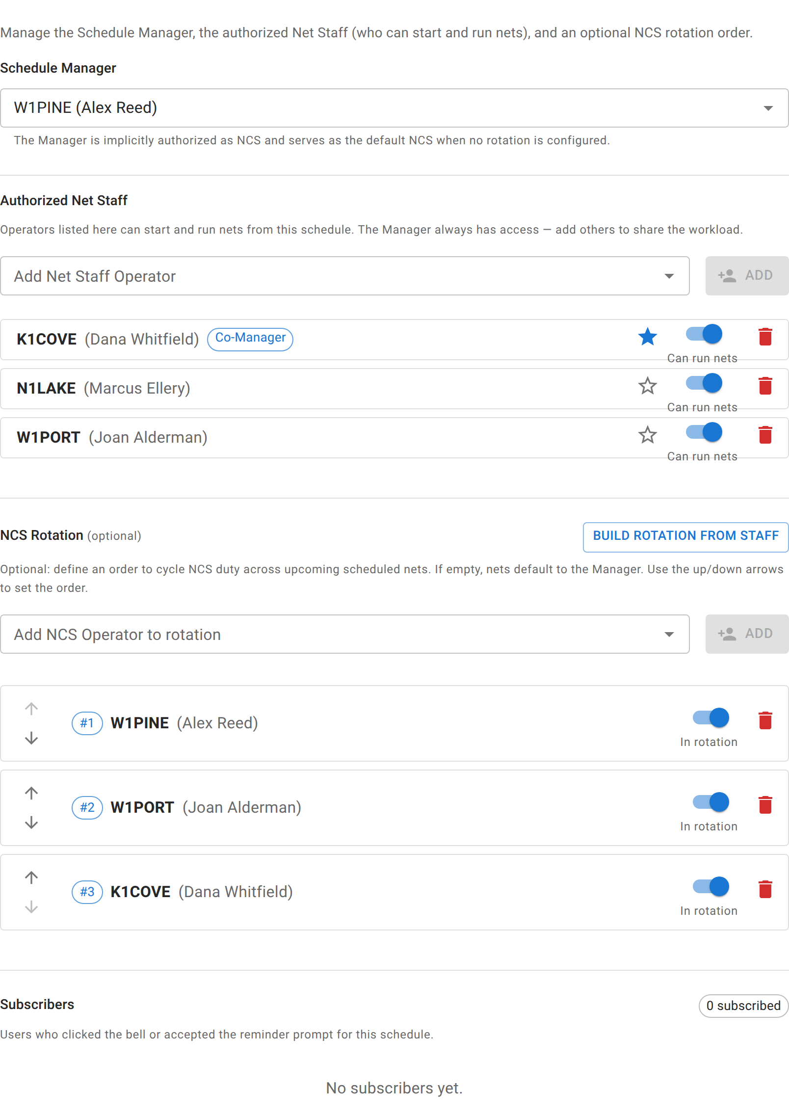 The Net Staff tab of Edit Schedule: the Schedule Manager, an Authorized Net Staff list with a co-manager star and an active/inactive switch per row, and an NCS Rotation list below it with up/down reordering arrows.