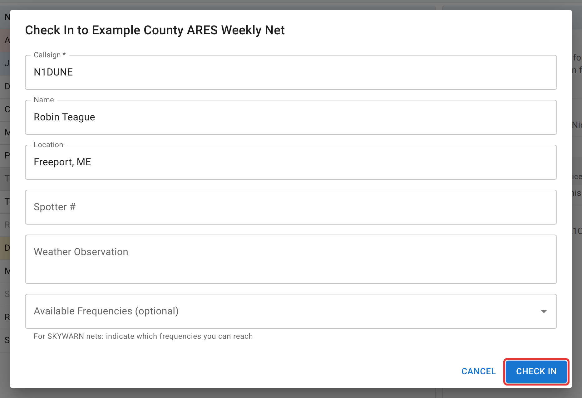 The Check In dialog, with the Check In button outlined in red at the bottom right of the form. Only the Callsign field is required by default.