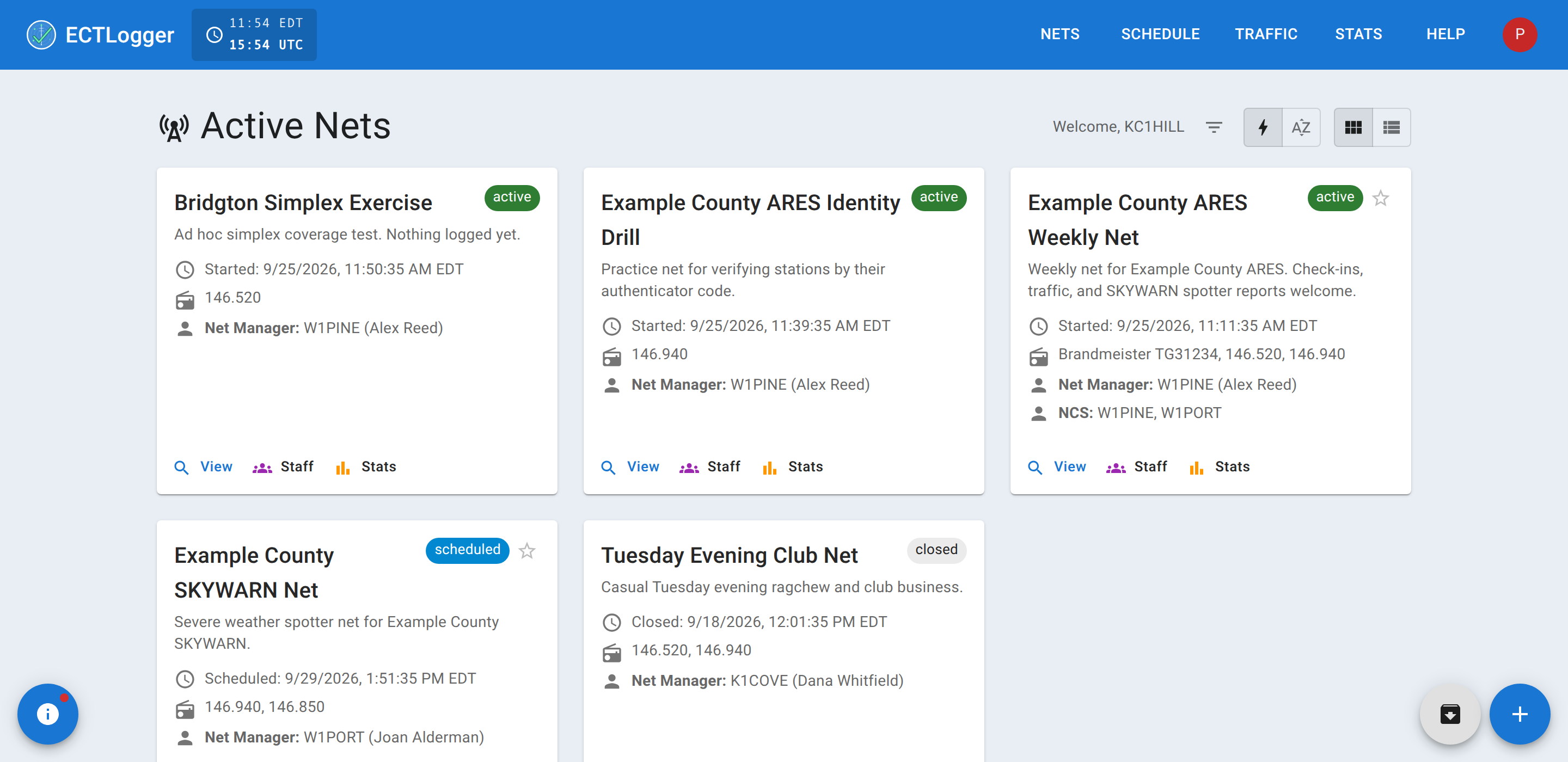 The ECTLogger dashboard, showing a grid of net cards, each with a status chip reading active, scheduled, or closed.