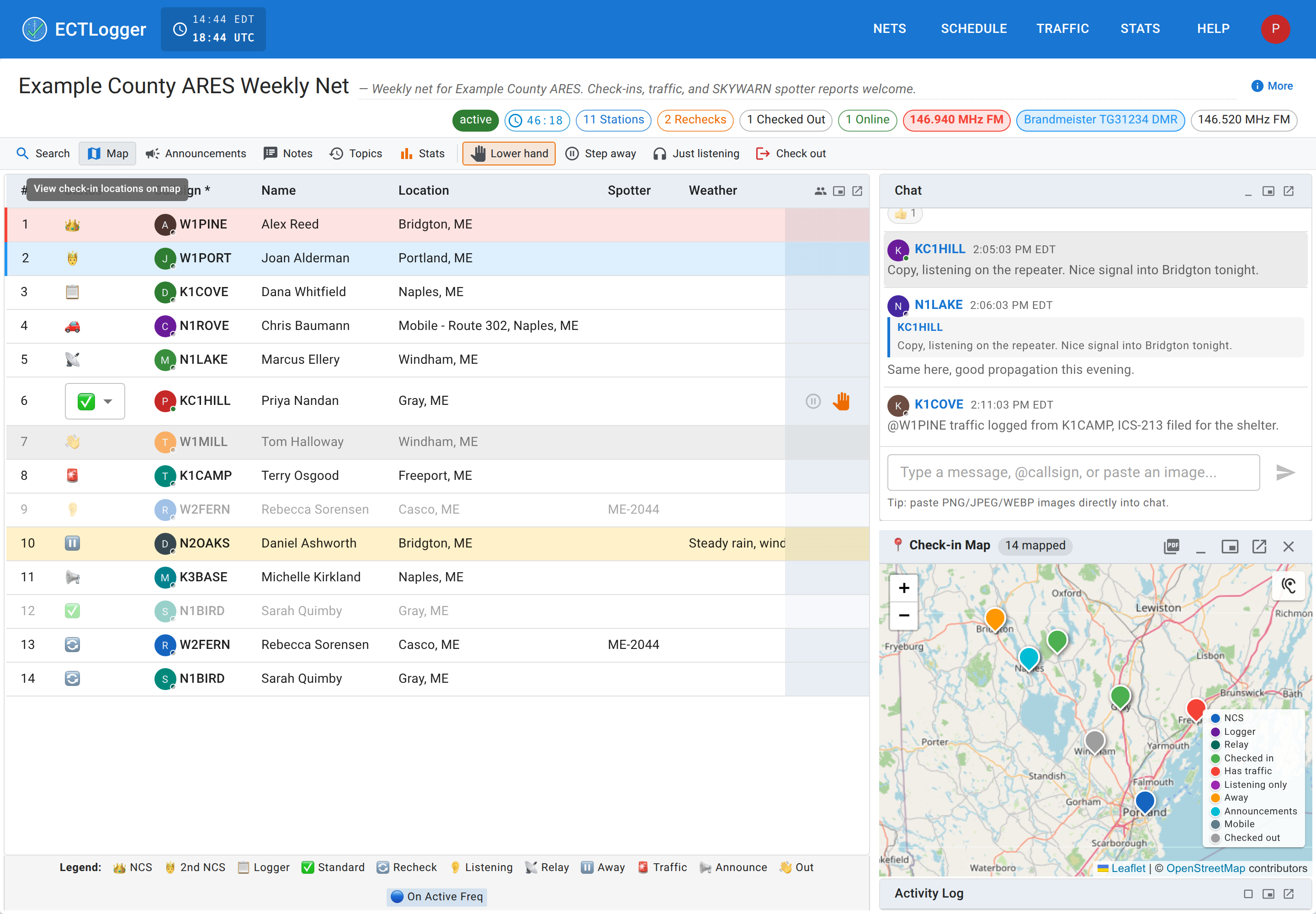 A net's live check-in map, with colored markers for each station and a legend identifying NCS, Logger, Relay, and station statuses.