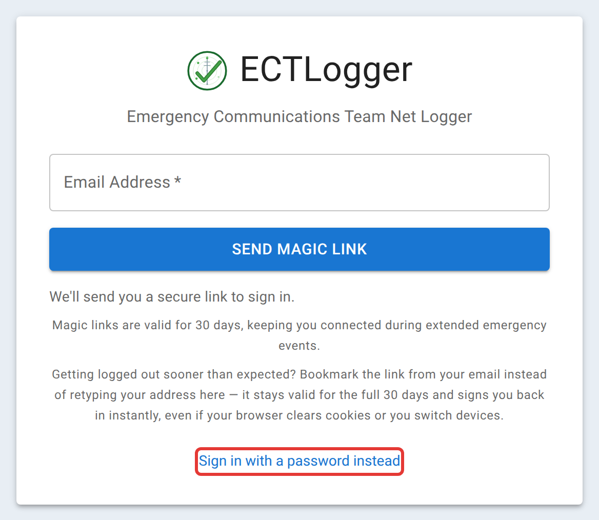 The ECTLogger sign-in page, with the Sign in with a password instead link outlined in red below the Send Magic Link button.