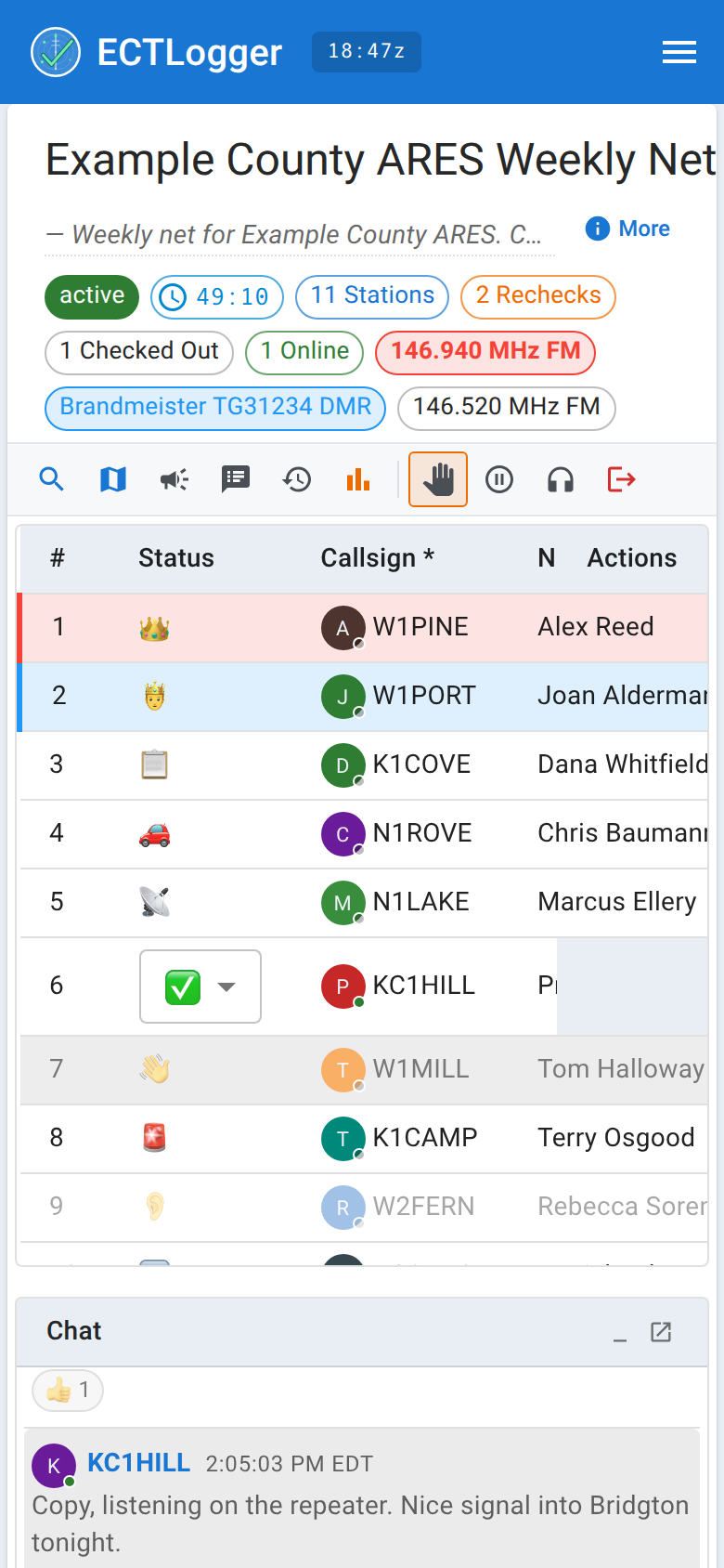The check-in list on a phone-width screen: a simplified, read-only table with each station's status shown by icon.