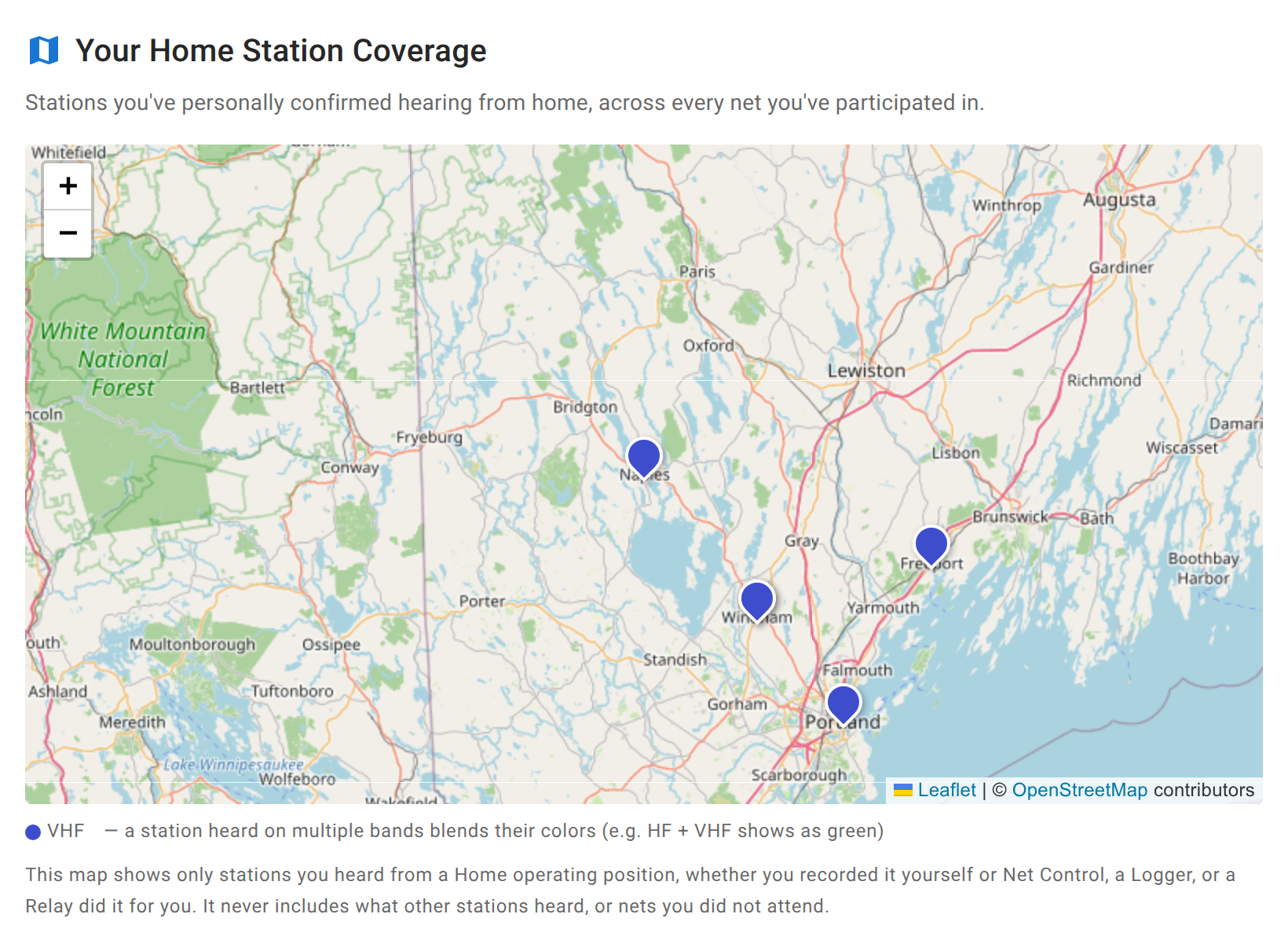 The Coverage tab of the Profile page, headed Your Home Station Coverage, with a map of the lakes region and coast of southern Maine showing a marker for each station KC1HILL has heard from home, and a note below that the map only shows stations they heard.