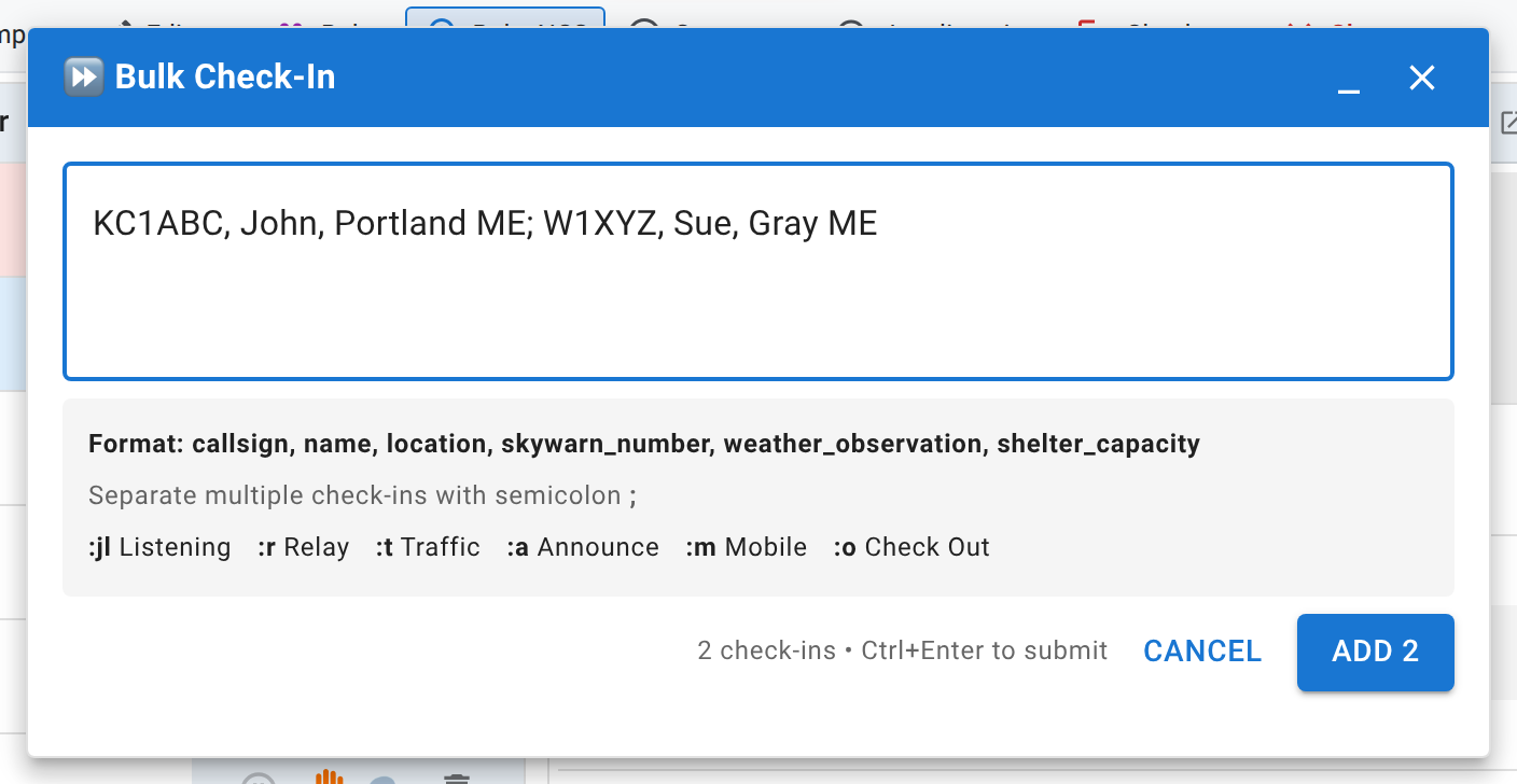The Bulk Check-In window, with two comma-separated check-ins typed into its text box, the expected format shown underneath, and an Add button.