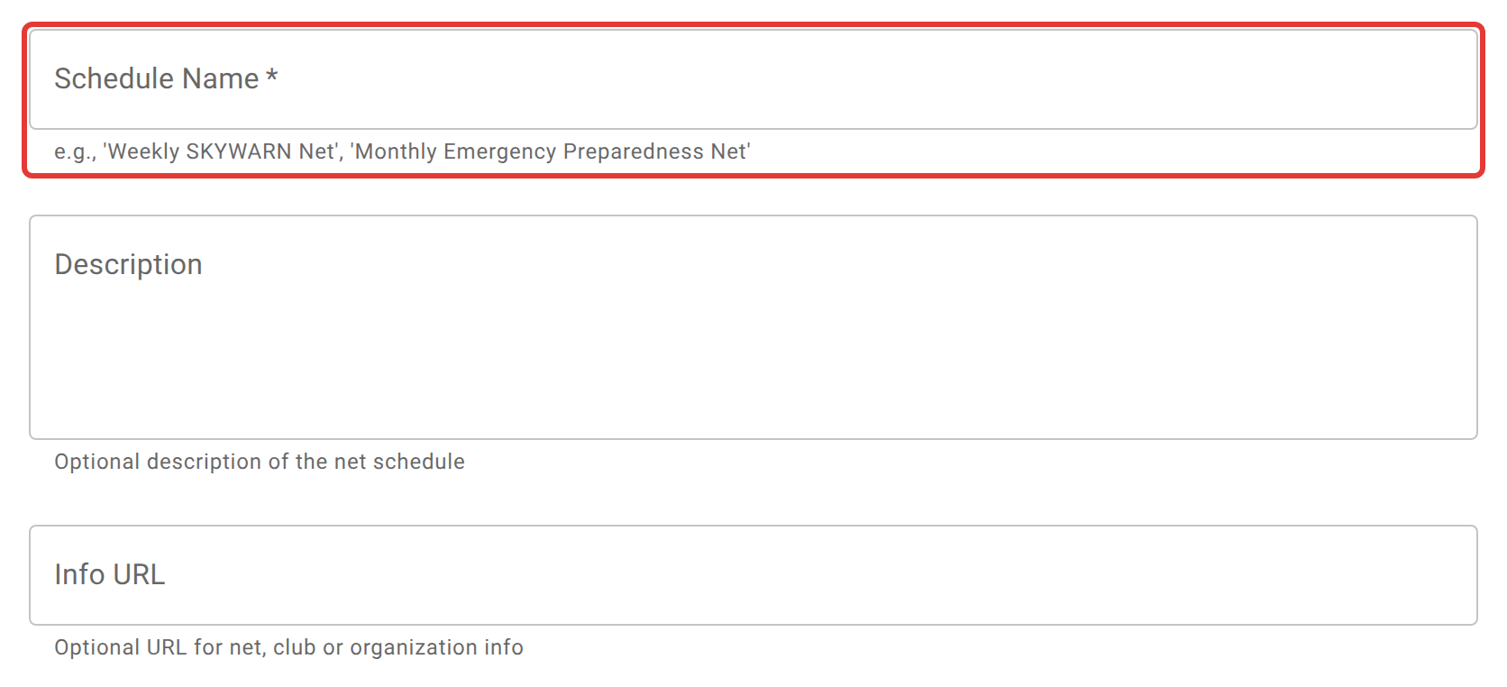 The Create Net form's Basic Info tab, with the Schedule Name field outlined in red at the top, above the Description and Info URL fields.