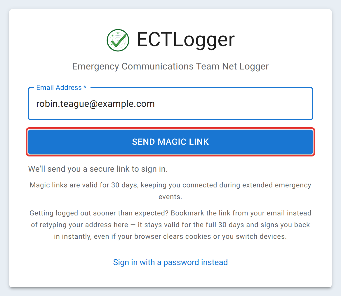 The ECTLogger sign-in page, with an Email Address field filled in and the Send Magic Link button outlined in red below it.