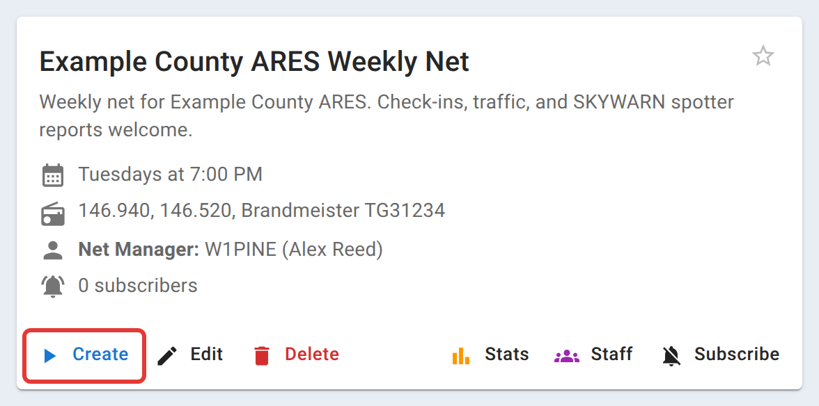 A schedule card on the Schedule page, showing the schedule name, its recurrence, and Create, Edit, Delete, Stats, Staff, and Subscribe buttons along the bottom.