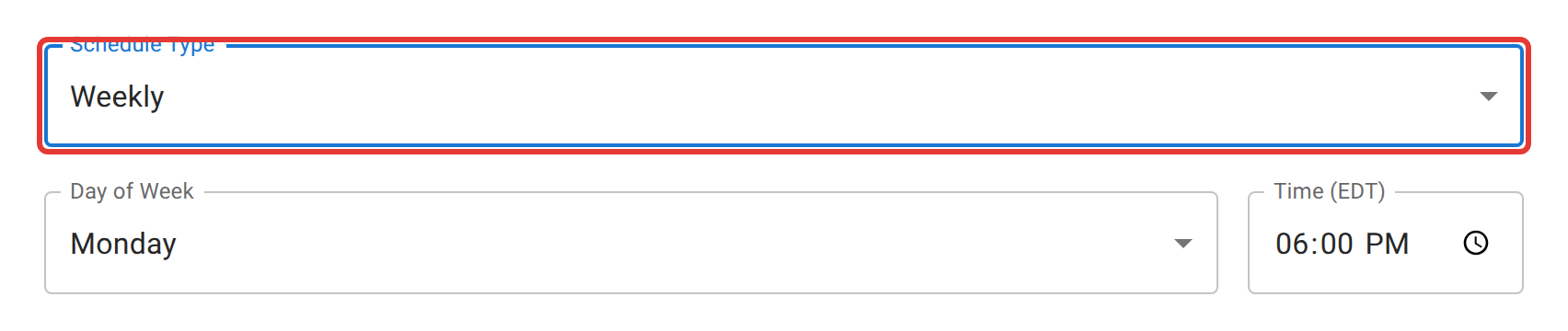 The Schedule tab of the schedule form, with Schedule Type set to Weekly and outlined in red, and Day of Week and Time fields below it.